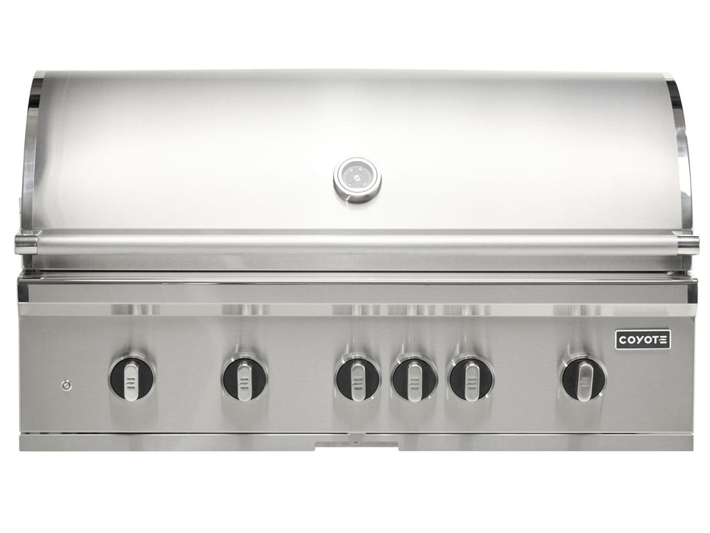 coyote 3-piece sl-series 42-inch 6-burner gas grill outdoor kitchen package with ceramic briquettes, sear burner, infrared rear burner & rotisserie kit