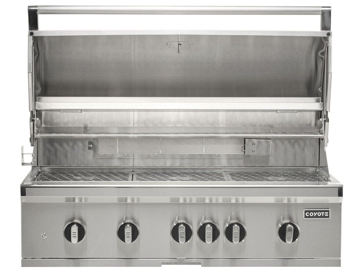 coyote sl-series 42-inch 6-burner built-in gas grill with ceramic briquettes, sear burner, infrared rear burner & rotisserie kit