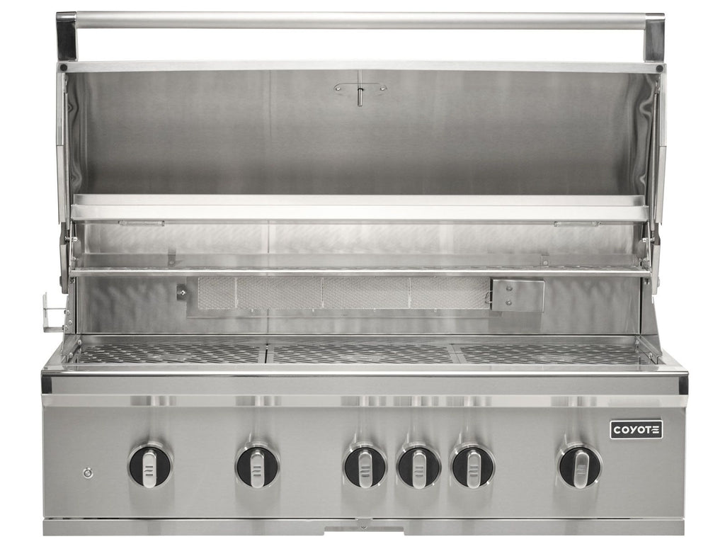 coyote 3-piece sl-series 42-inch 6-burner gas grill outdoor kitchen package with ceramic briquettes, sear burner, infrared rear burner & rotisserie kit