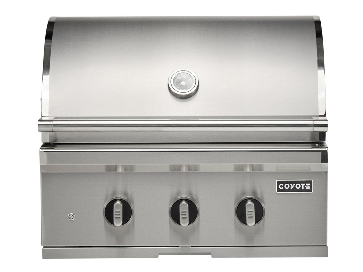 coyote 3-piece sl-series 30-inch 3-burner gas grill outdoor kitchen package with ceramic briquettes, sear burner, infrared rear burner & rotisserie kit