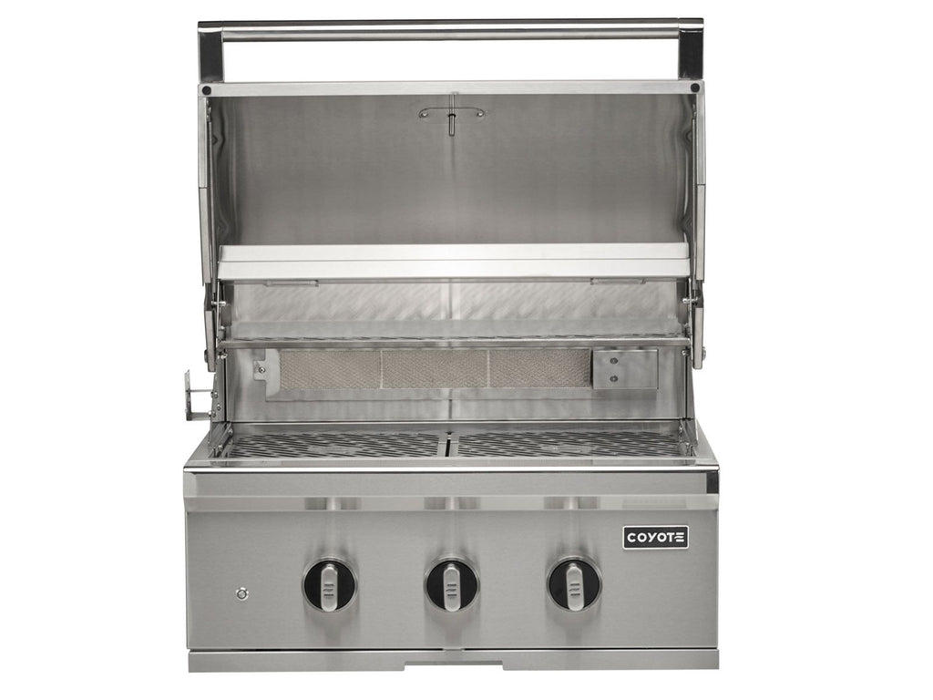 coyote sl-series 30-inch 3-burner built-in gas grill with ceramic briquettes, sear burner, infrared rear burner & rotisserie kit