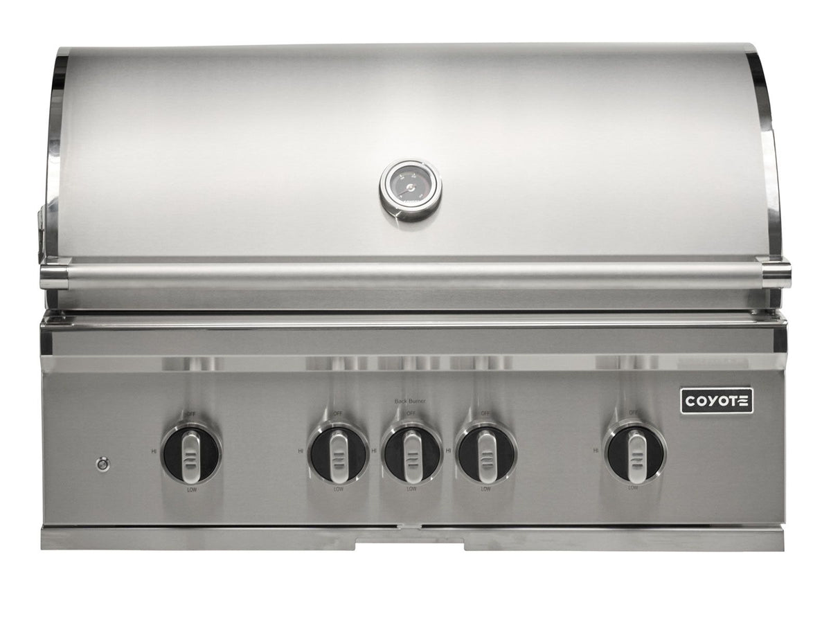 coyote sl-series 36-inch 5-burner built-in gas grill with ceramic briquettes, sear burner, infrared rear burner & rotisserie kit