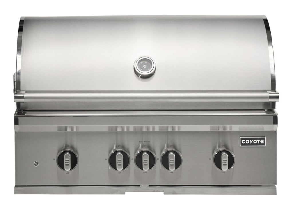 coyote 3-piece sl-series 36-inch 5-burner gas grill outdoor kitchen package with ceramic briquettes, sear burner, infrared rear burner & rotisserie kit