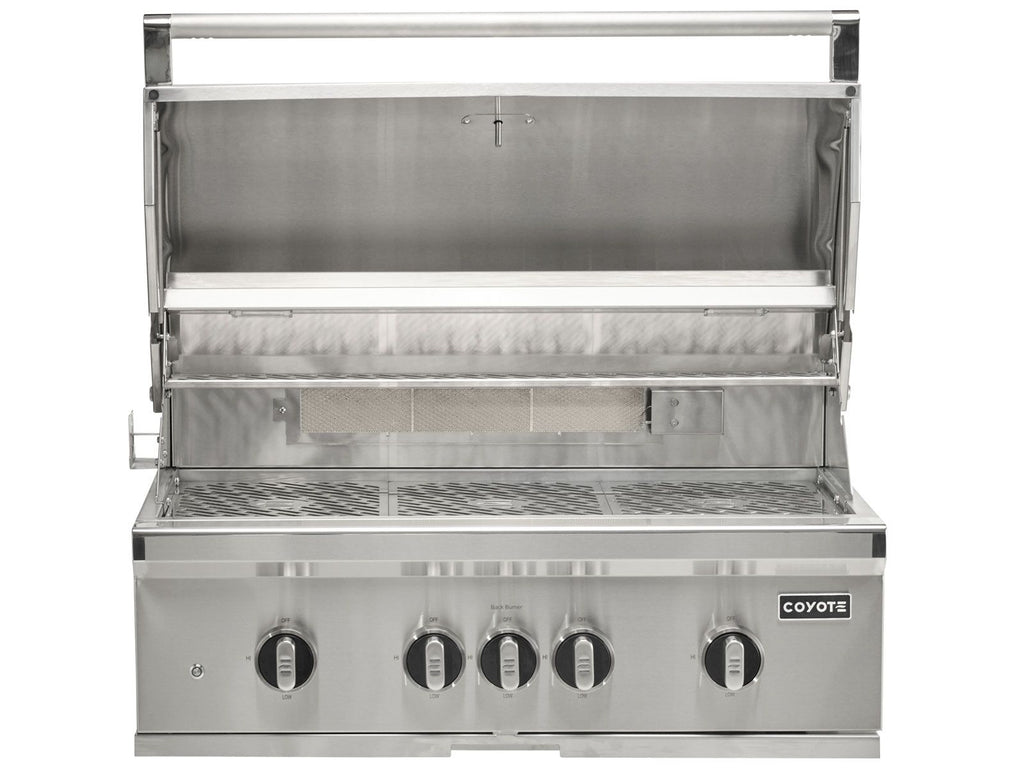 coyote 3-piece sl-series 36-inch 5-burner gas grill outdoor kitchen package with ceramic briquettes, sear burner, infrared rear burner & rotisserie kit