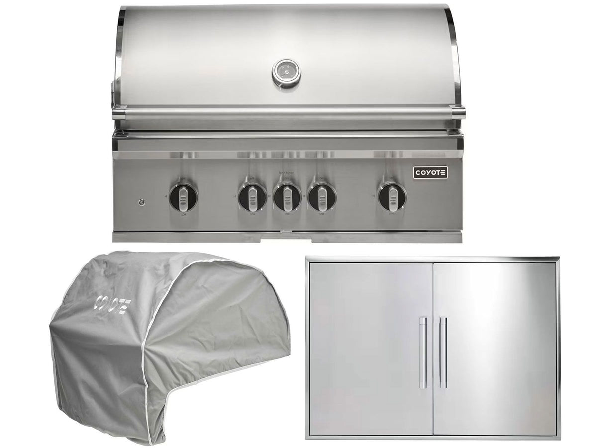 coyote 3-piece sl-series 36-inch 5-burner gas grill outdoor kitchen package with ceramic briquettes, sear burner, infrared rear burner & rotisserie kit