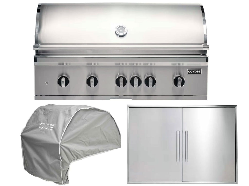 coyote 3-piece sl-series 42-inch 6-burner gas grill outdoor kitchen package with ceramic briquettes, sear burner, infrared rear burner & rotisserie kit