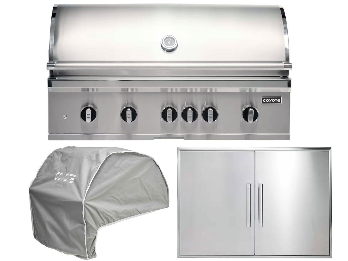 coyote 3-piece sl-series 42-inch 6-burner gas grill outdoor kitchen package with ceramic briquettes, sear burner, infrared rear burner & rotisserie kit